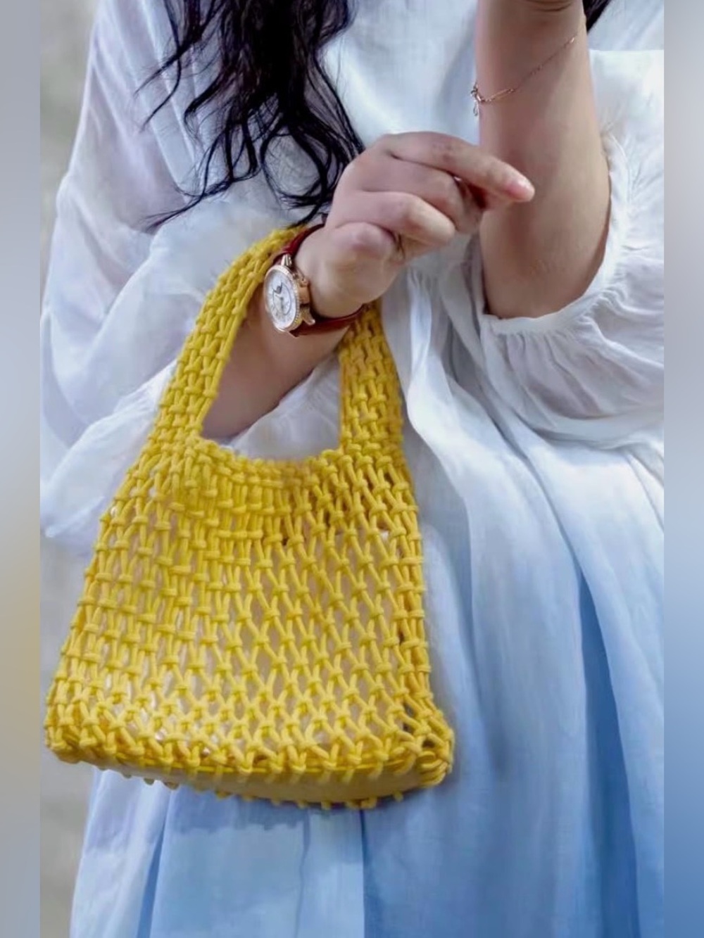 🇺🇸 Sale Yellow Boho Crochet Tote Bag - NWOT - Picture 2 of 5